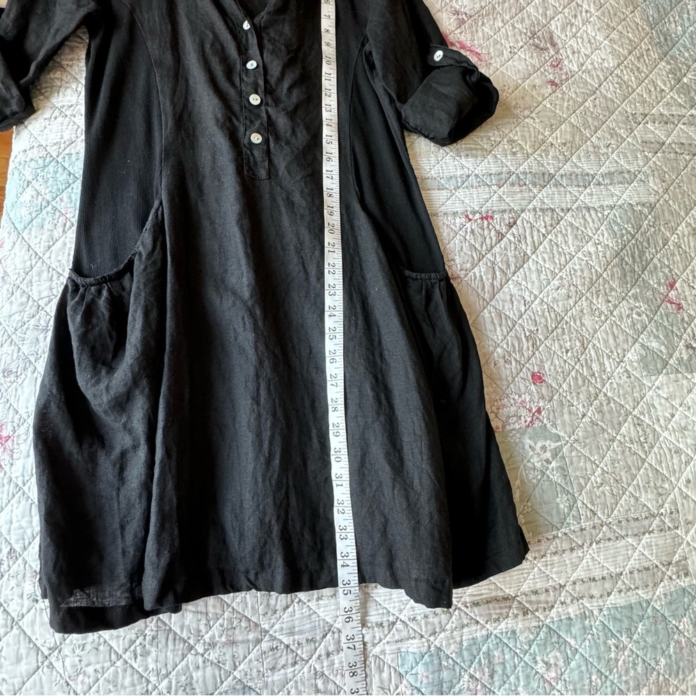 Terzo Millenio Black Linen Cotton Mini Dress Size M Made In Italy V Neck - Picture 8 of 8